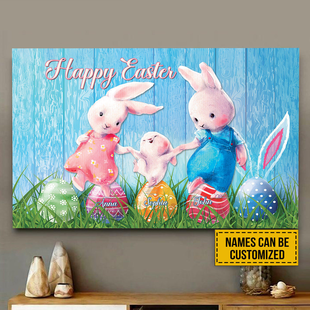 Teesdily | Bunny Easter Customized Poster Canvas Easter Eggs Cute Wall Art Happy Easter Day Print Easter Nursery Bedroom Decoration