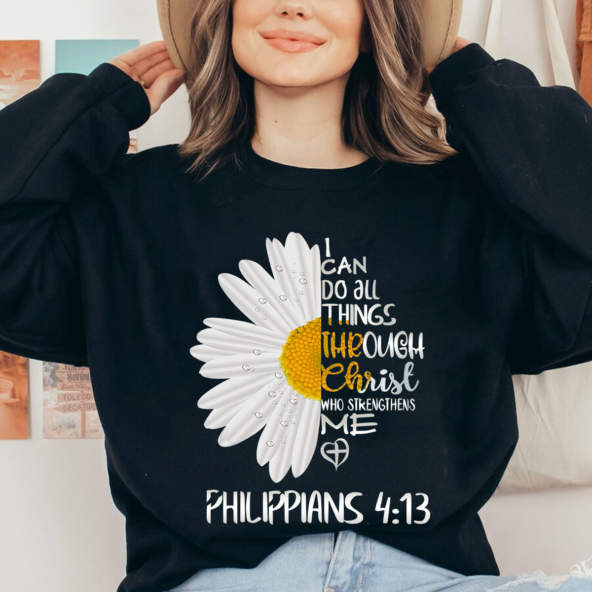 Teesdily | Jesus Christ Daisy Womens Tops, I Can Do All Things Through Christ Sweatshirt Hoodie Mug, God Bible Verse Graphic Tee, Christian Gift Ideas