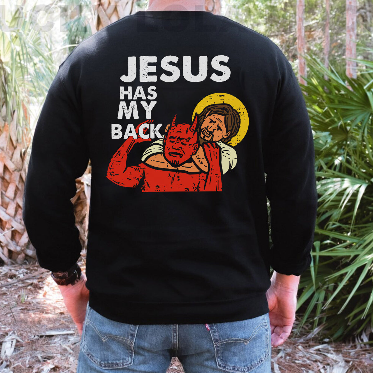 Teesdily | Jesus Red Devil Casual Shirt, Jesus Has My Back Hoodie Sweatshirt Mug, Bible Verse Pullover Religious Crewneck, Faith Based Apparel