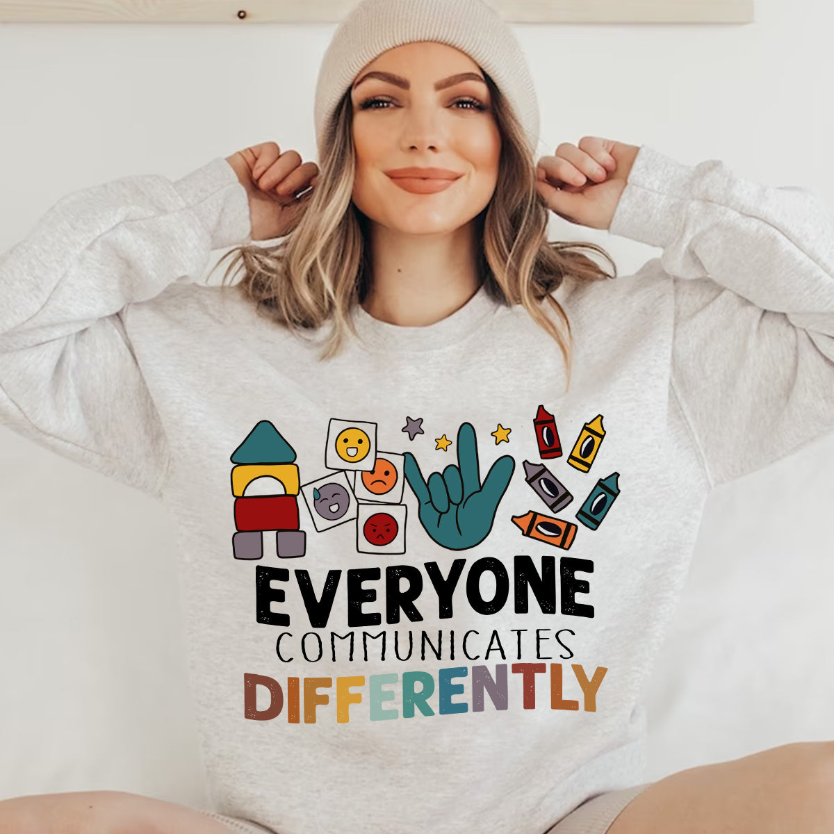 Teesdily | Autism Mom Shirt, Everyone Communicates Differently Tee, Autistic Gift, Autism Mom Mothers Day Clothing Tshirt Hoodie Sweatshirt Mug