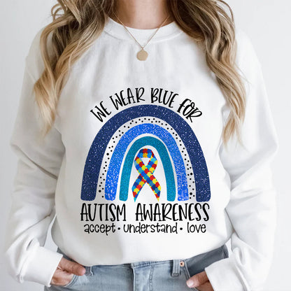 Teesdily | Autism Mom Mother's Day Shirt, We Wear Blue For Autism Shirt, Puzzle Rainbow Tee, Autistic Gifts Unisex Tshirt Hoodie Sweatshirt Mug