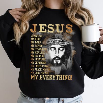 Teesdily | Jesus Portrait Graphic Shirt, Jesus My God My King My Everything Sweatshirt Hoodie Mug, Jesus Christian Short Sleeve Shirts, Religious Gifts