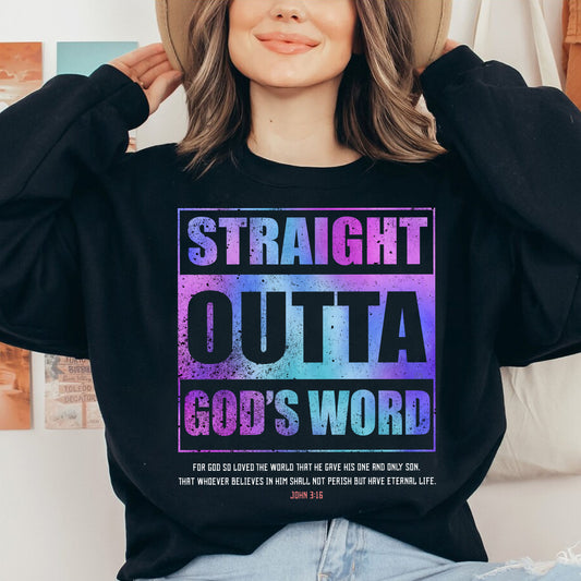 Teesdily | Straight Outta God's Word Hologram Casual Shirt Jesus Christian Lord Vintage Sweatshirt Hoodie Mug God Bible Verse Tee Religious Gift Ideas