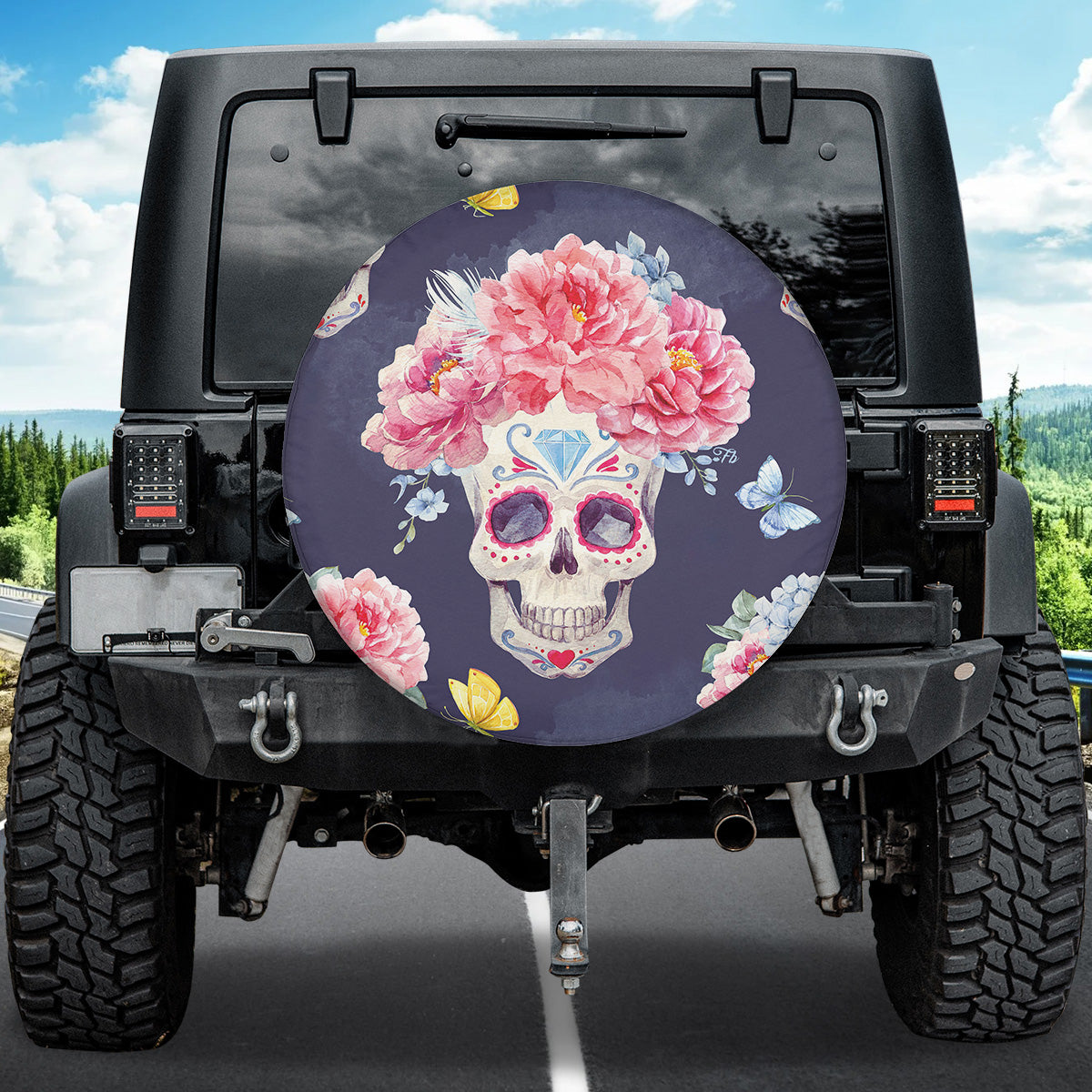 Teesdily | Sugar Skull Spare Tire Cover Flower Tire Cover Vintage Art Wheel Covers Car Accessories Day Of The Dead Car Decoration