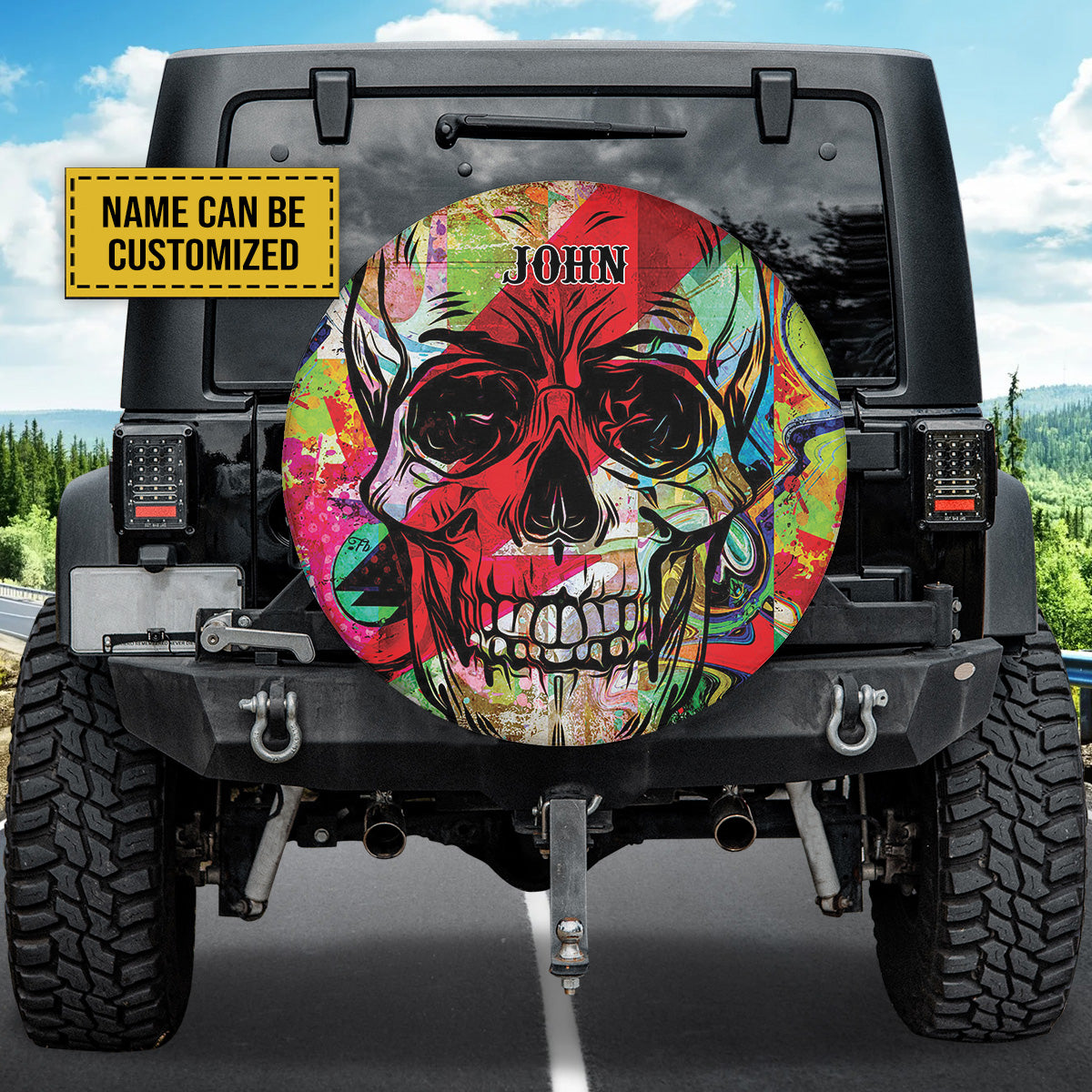 Teesdily | Sugar Skull Customized Spare Tire Cover Colorful Skull Graffiti Print Spare Wheel Cover Horror Style Halloween Day Car Accessories