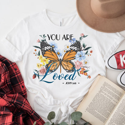 Teesdily | Christian Butterfly Flower Women Short Sleeve Tops You Are Loved Basic Sweatshirt Hoodie Mug God Bible Verse Christian Religious Gifts