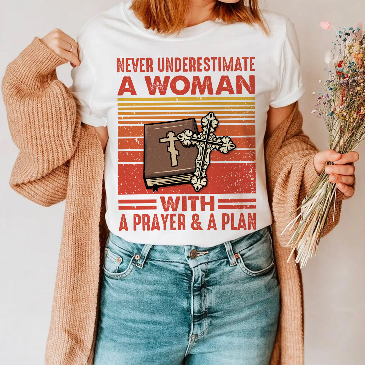 Teesdily | Jesus Christian Bible Book Retro Tshirt Never Underestimate A Woman With A Prayer And A Plan Sweatshirt Hoodie Mug Christian Gift Ideas