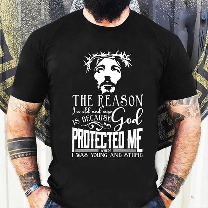 Teesdily | Jesus Portrait Print Shirt Jesus God Protected Me When I Was Young And Stupid Sweatshirt Hoodie Mug Christian Gift Ideas