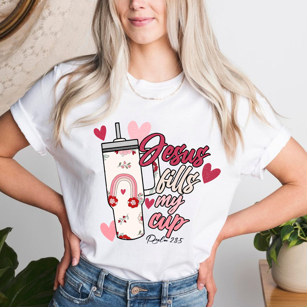 Teesdily | Jesus Valentine Day Womens Tops, Jesus Fills My Cup Sweatshirt Hoodie Mug, Valentines Short Sleeve Top, Christian Valentine Day Gifts