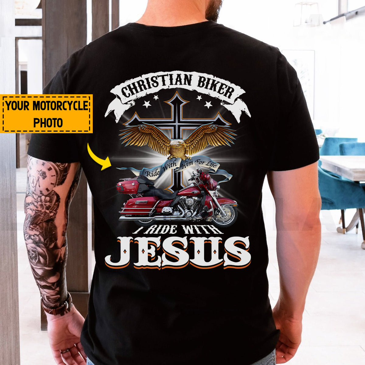 Teesdily | Personalized Motorcycle Photo Shirt, Christian Biker Shirt, I Ride With Jesus Hoodie Sweatshirt Mug, Motorcycle Gifts