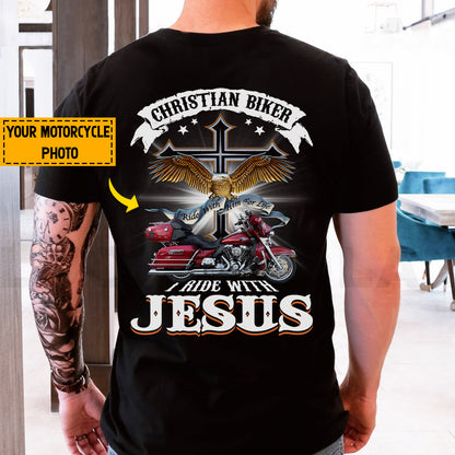 Teesdily | Personalized Motorcycle Photo Shirt, Christian Biker Shirt, I Ride With Jesus Hoodie Sweatshirt Mug, Motorcycle Gifts