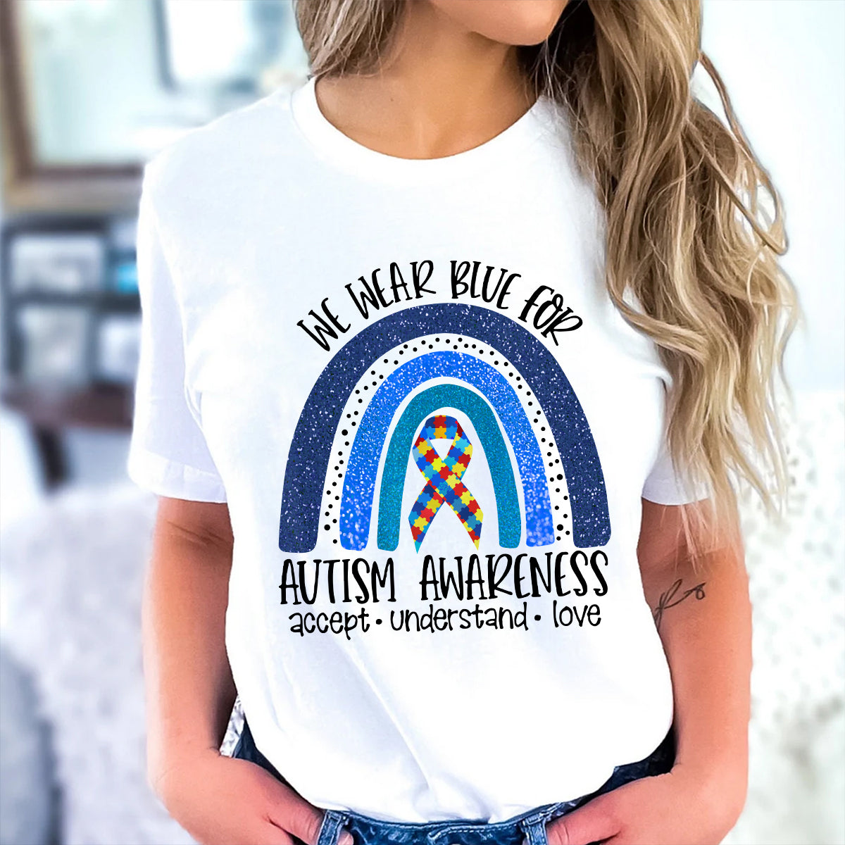 Teesdily | Autism Mom Mother's Day Shirt, We Wear Blue For Autism Shirt, Puzzle Rainbow Tee, Autistic Gifts Unisex Tshirt Hoodie Sweatshirt Mug