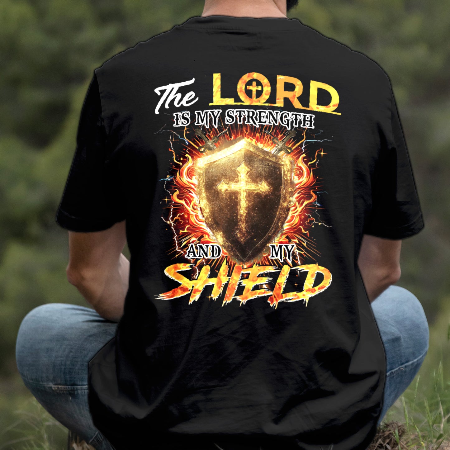 Teesdily | The Lord Is My Strength And My Shield Shirt, Jesus Christian Cross Sweatshirt, Faith God Hoodie Mug, Religious Gift Men