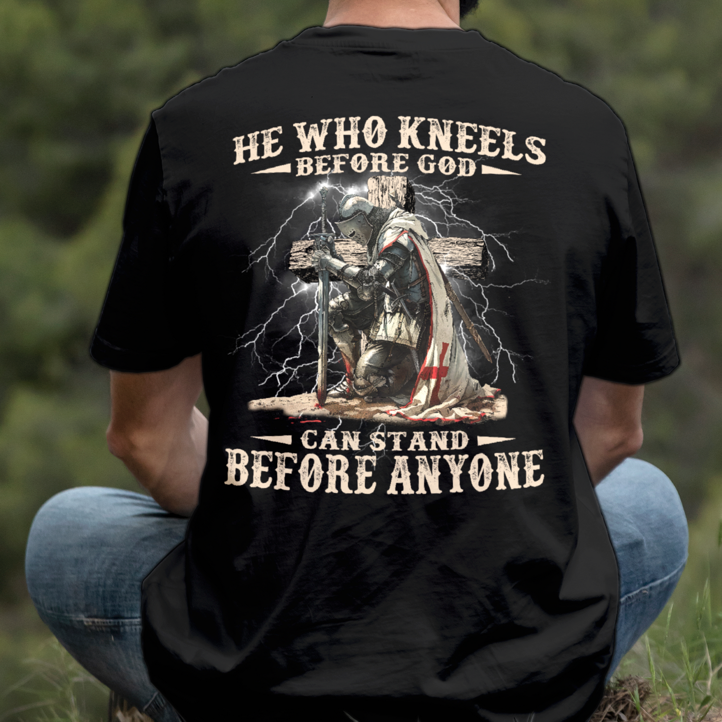 Teesdily | He Who Kneels Before God Shirt, Jesus Warrior Sweatshirt, Christian Cross Faith Hoodie Mug, Religious Gift Men