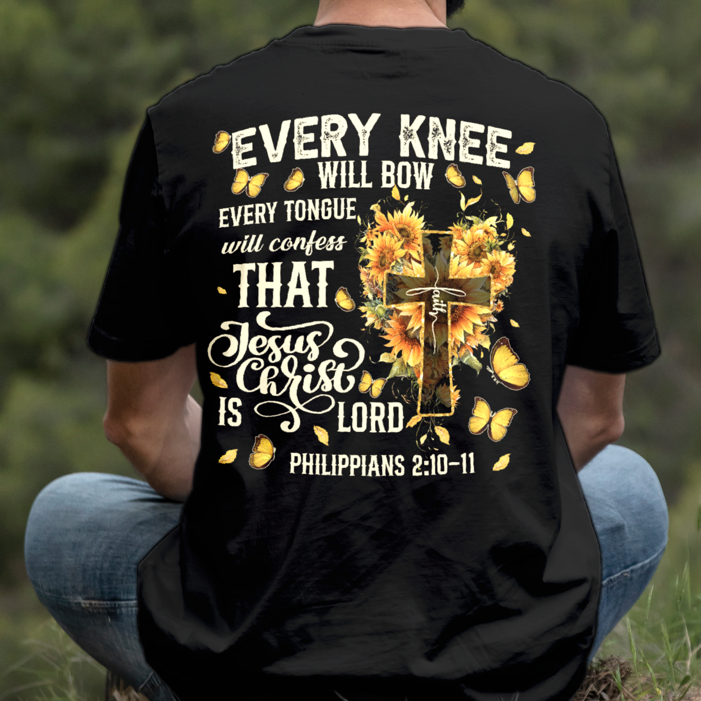 Teesdily | Every Knee Shall Bow Shirt, Every Tongue Shall Confess Sweatshirt, Bible Verse Sunflower Cross Jesus Hoodie Mug Gift