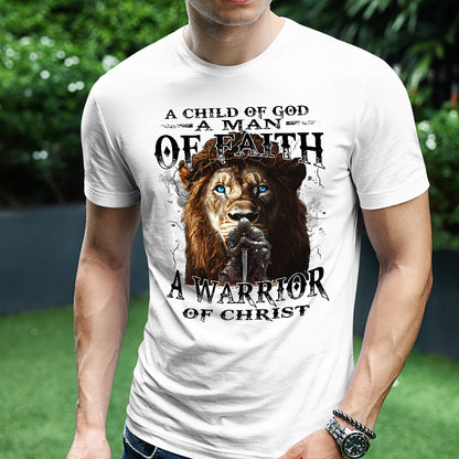 Teesdily | Jesus Warrior Knight Lion Shirt, A Warrior Of Christ Sweatshirt, A Child Of God Hoodie Mug, Man Of Faith Religious Tee