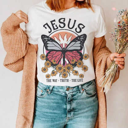 Teesdily | Jesus Christ Butterfly Sunflower Shirt Jesus The Way Truth The Life Sweatshirt Hoodie Mug God Faith Crew Neck T Shirts For Women