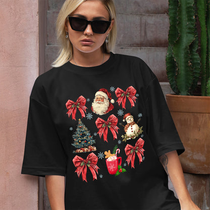 Teesdily | Christmas Coquette Bow Santa Shirt, Christmas Tree Snowman Mug Sweatshirt Hoodie, Retro Merry Bright Tee