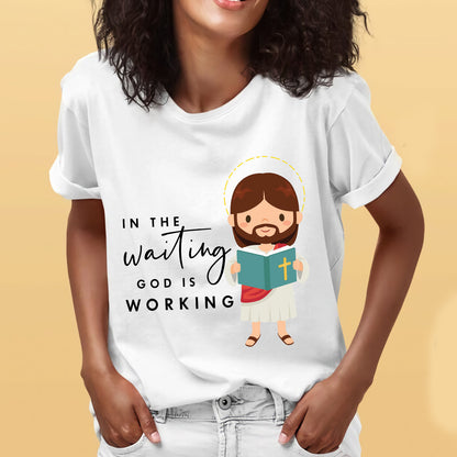 Teesdily | Jesus Chibi Graphic Shirt God Bible Reading Sweatshirt Hoodie Mug In The Waiting God Is Working Clothing Gift For Christian Faith Believers