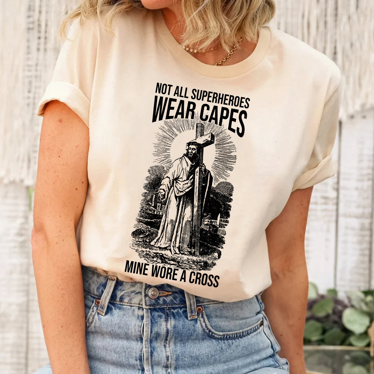 Teesdily | Jesus Carrying Cross Vintage Art Shirt My Superheroes Wore A Cross Sweatshirt Hoodie Pullover Religious Mug God Believer Christian Gifts