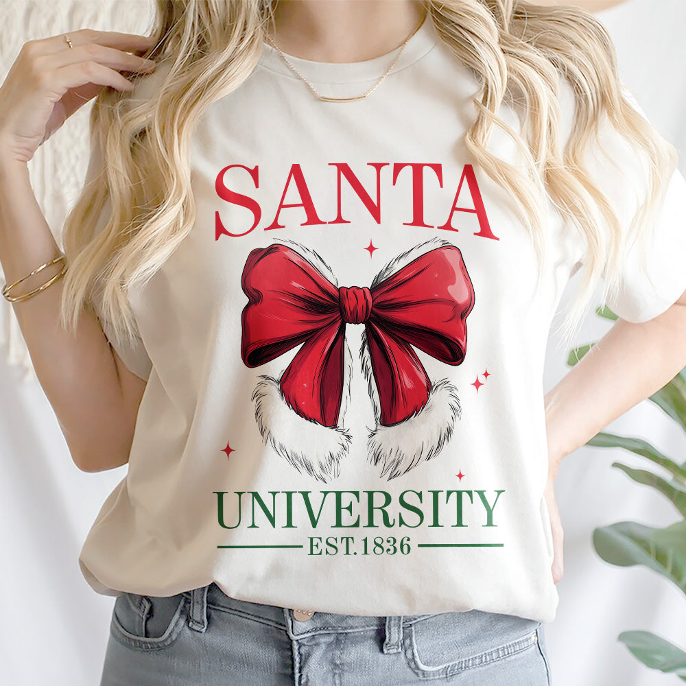 Teesdily | Retro Santa Bow University Est 1836 Shirt, Coquette Bow Christmas Sweatshirt, Social Club Santa Tee