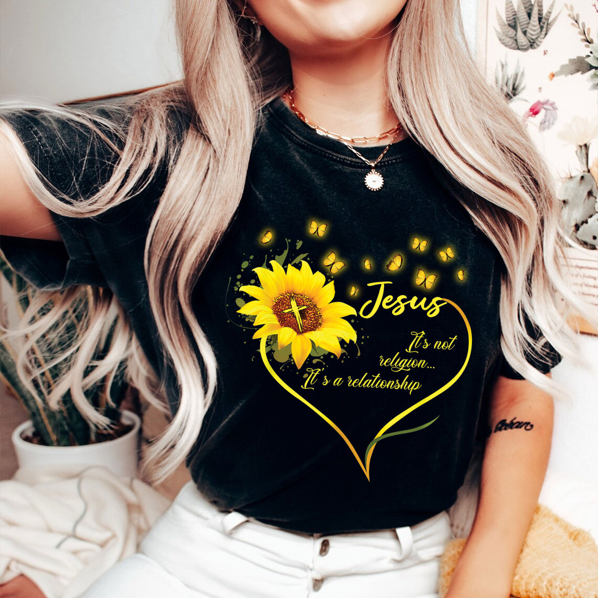 Teesdily | Jesus Sunflower Shirts Short Sleeve Jesus It's Not Religion It's A Relationship Crew Neck Christian Sweatshirt Hoodie Mug Religious Gifts