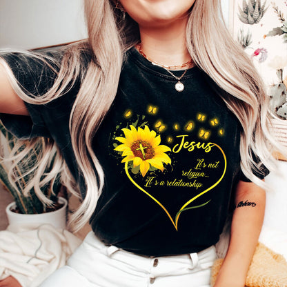 Teesdily | Jesus Sunflower Shirts Short Sleeve Jesus It's Not Religion It's A Relationship Crew Neck Christian Sweatshirt Hoodie Mug Religious Gifts