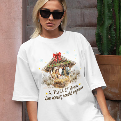 Teesdily | Nativity Scene Christmas Coquette Jesus Shirt, A Thrill Of Hope Sweatshirt, Christmas Nativity Hoodie Mug Religious Gift