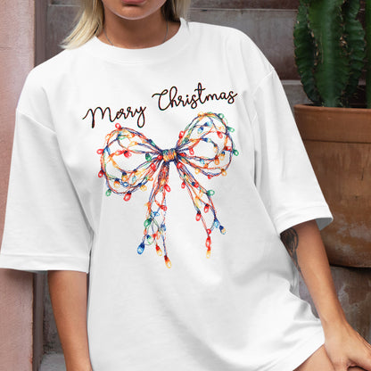 Teesdily | Merry Christmas Bow Light Shirt, Christmas Coquette Bow Sweatshirt, Merry And Bright Lights Bow Hoodie Mug For Women