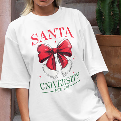 Teesdily | Retro Santa Bow University Est 1836 Shirt, Coquette Bow Christmas Sweatshirt, Social Club Santa Tee