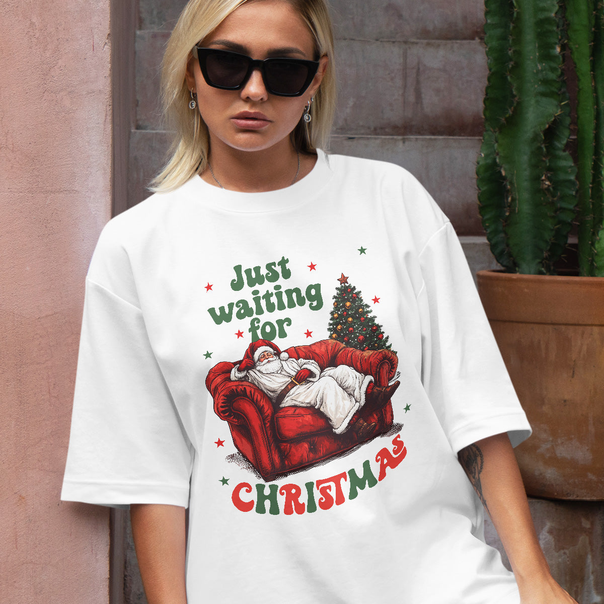 Teesdily | Just Waiting For Christmas Shirt, Santa Sofa Christmas Lights Tee 2024, Santa Claus Sweatshirt Hoodie Mug, Holiday Gift