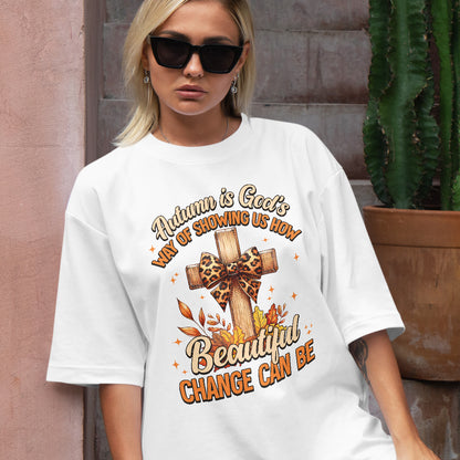 Teesdily | Jesus Cross Coquette Bow Thanksgiving Shirt, Autumn Is God's Way Tee Sweatshirt Hoodie Mug, Thanksgiving Jesus Gift