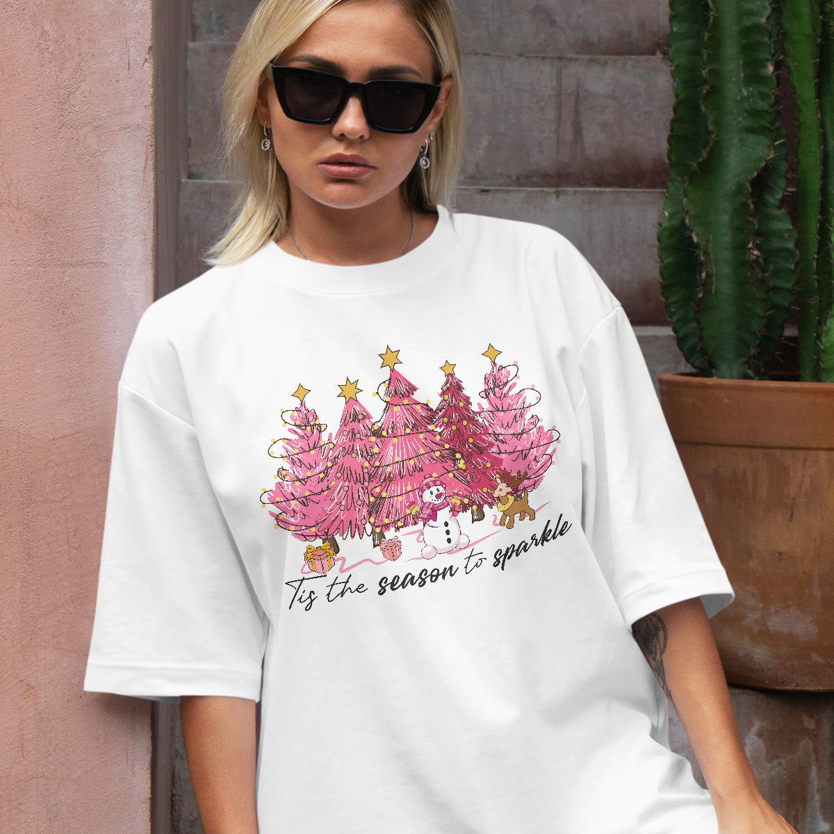 Teesdily | Pink Christmas Tree Snowman Christmas Shirt, Tis The Season To Sparkle Tee Sweatshirt Hoodie Mug, Christmas Gift