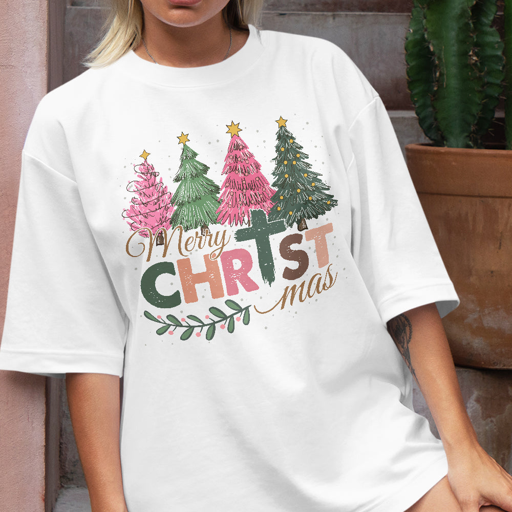 Teesdily | Merry Christmas Shirt, Jesus Christmas T-shirt, Christian Christmas Tree Sweatshirt, Holiday Christmas Hoodie Mug Gift