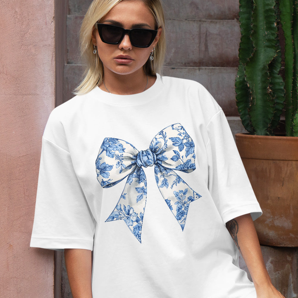 Teesdily | Toile De Jouy Coquette Bow Shirt, Blue Ribbon Sweatshirt, Toile Blue Bow Hoodie Mug, Girly Aesthetic Gift For Mom Sister