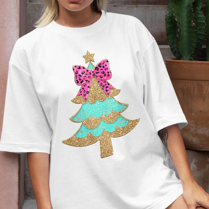 Teesdily | Christmas Tree Bow Shirt, Christmas Coquette Bow Glitter Leopard Sweatshirt, Christmas Hoodie Mug For Women