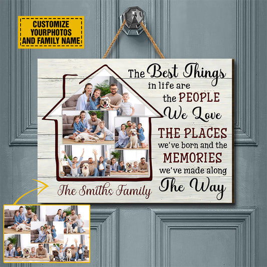 Teesdily | Customized Family Photo Wood Sign The Best Things In Life Are The Memories We've Made Along The Way Family Door Hanger Sign Home Decor