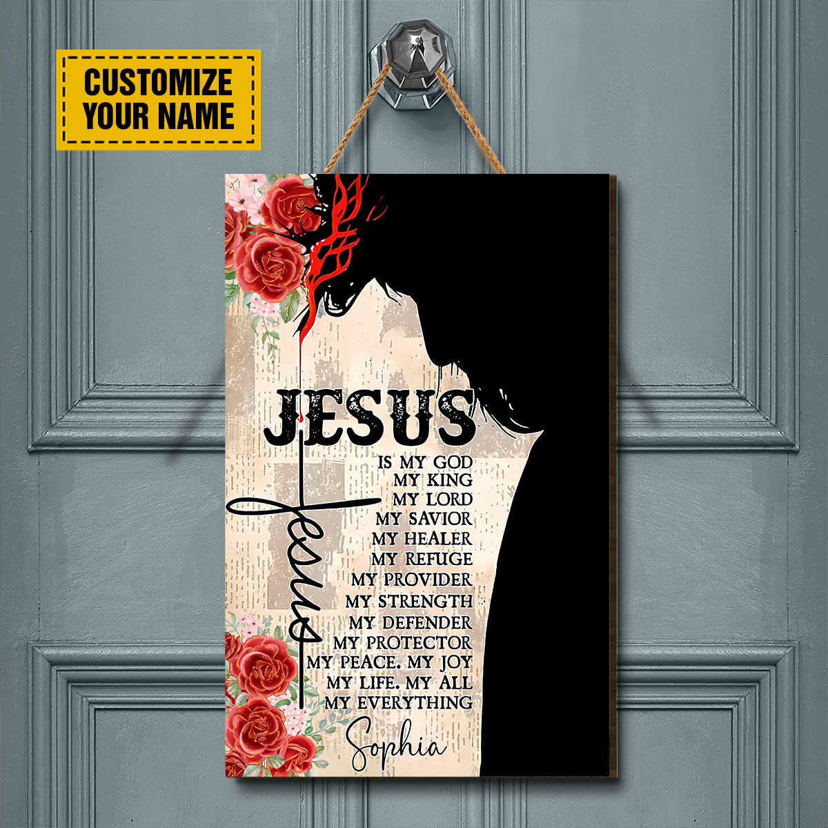 Teesdily | Jesus Portrait Customized Wood Sign Jesus Is My King Retro House Door Sign Religious Custom Gifts Christian Home Decor