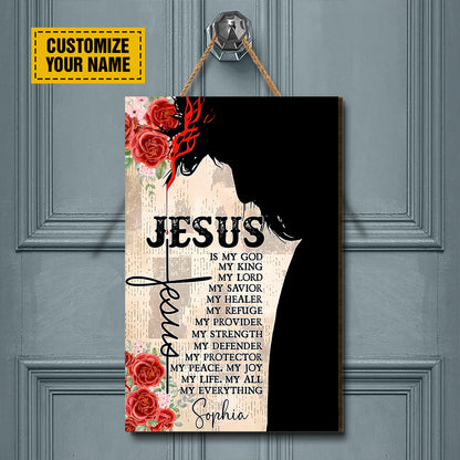 Teesdily | Jesus Portrait Customized Wood Sign Jesus Is My King Retro House Door Sign Religious Custom Gifts Christian Home Decor