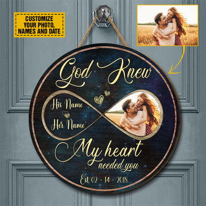 Teesdily | Couple Custom Photo Wood Sign God Know My Heart Needed You Wood Sign Galaxy Print Newly Couple Home Door Decoration Custom Gifts