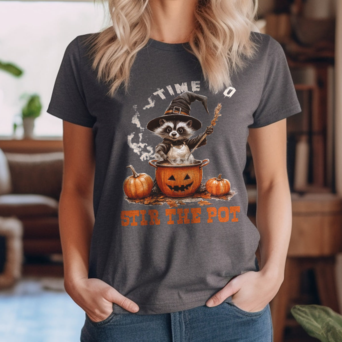 Teesdily | Time To Stir The Pot Witch Halloween Shirt, Funny Raccoon Witch Retro Halloween Sweatshirt, Spooky Season Hoodie Mug Gift