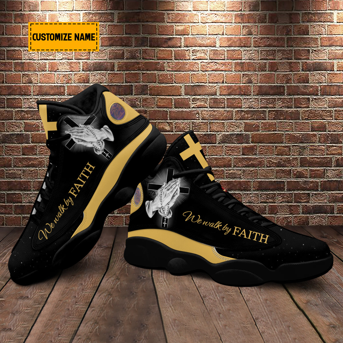 Teesdily | Personalized We Walk By Faith Basketball Shoes, Hands Praying God Shoes, Christian Footwear Unisex Basketball Shoes