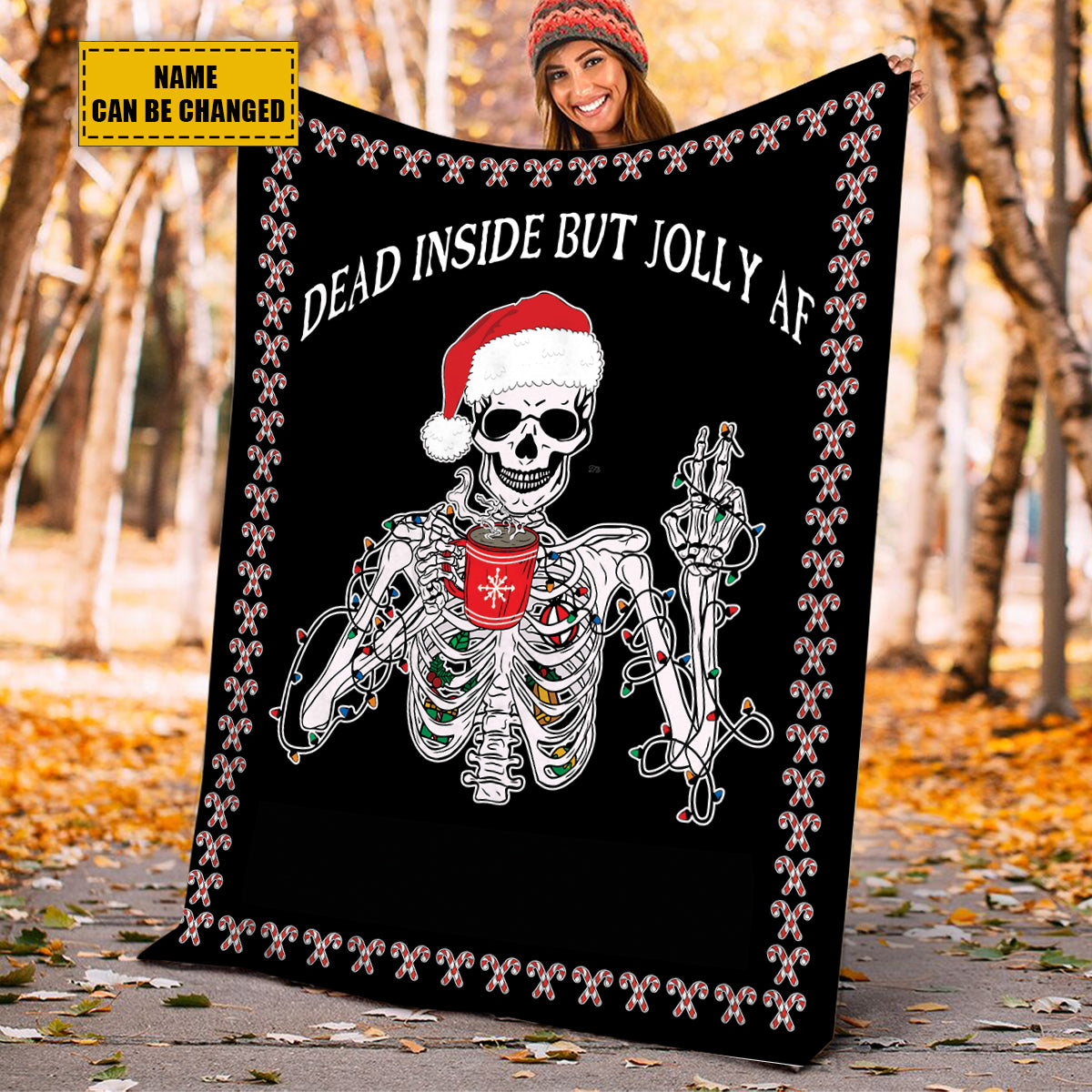 Teesdily | Personalized Christmas Skeleton Funny Blanket Dead Inside But Jolly Af Xmas Theme Bed Sofa Blanket Gothic Style Christmas Gifts