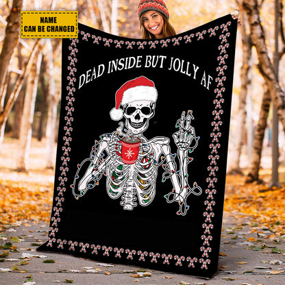 Teesdily | Personalized Christmas Skeleton Funny Blanket Dead Inside But Jolly Af Xmas Theme Bed Sofa Blanket Gothic Style Christmas Gifts