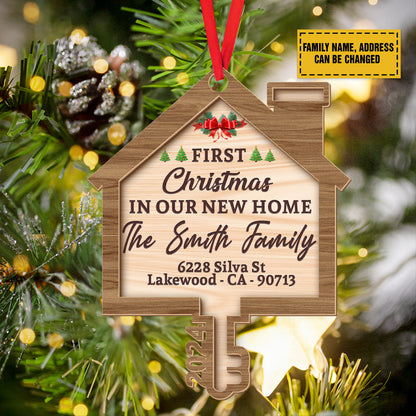 Teesdily | Personalized First Christmas In Our New Home Wooden Ornament, House Key 2 Layer Wooden Ornament Christmas Tree Decor