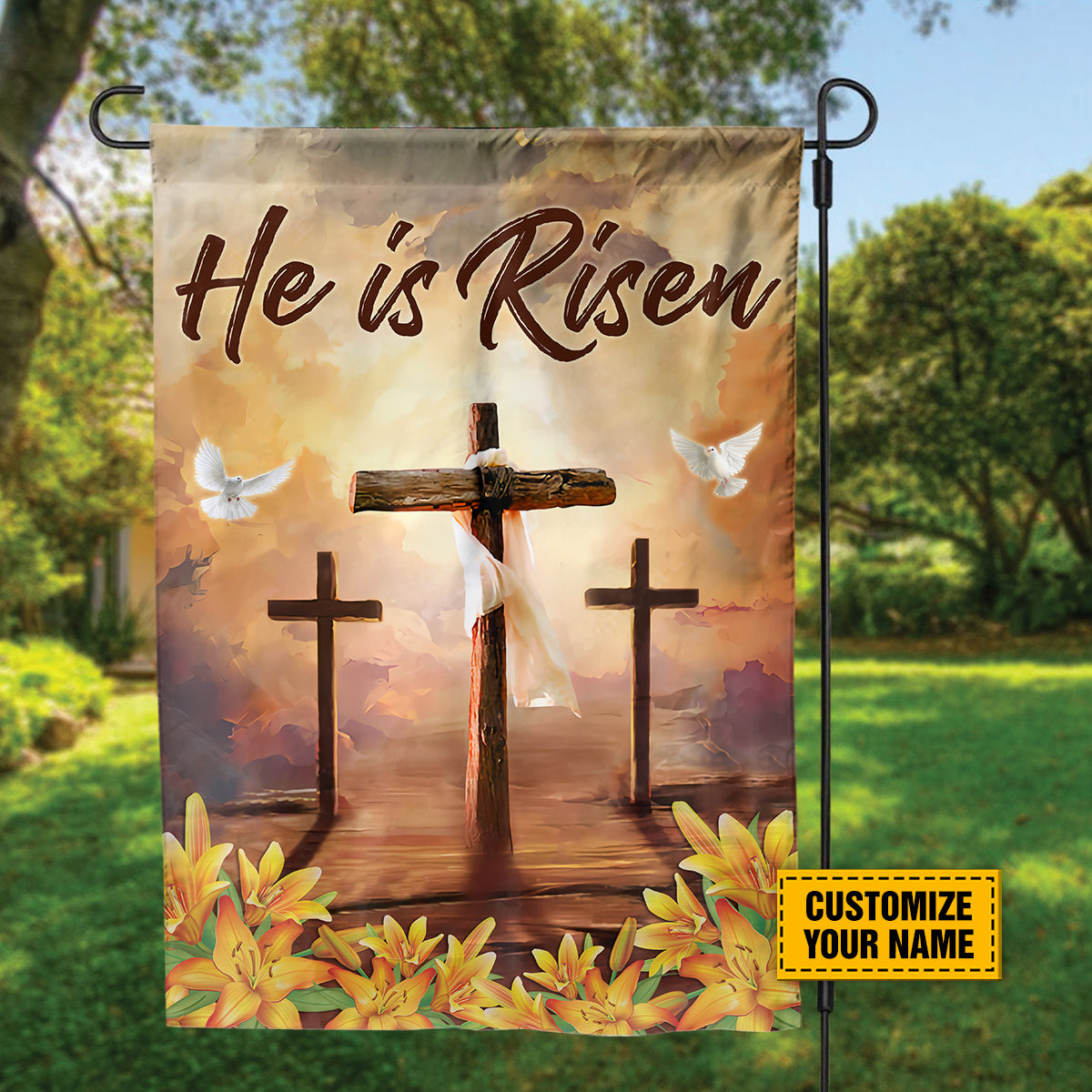 Teesdily | Jesus Christ Cross Customized Garden Flag He Is Risen Lily Floral House Flag Easter Day Home Garden Outdoor Decor