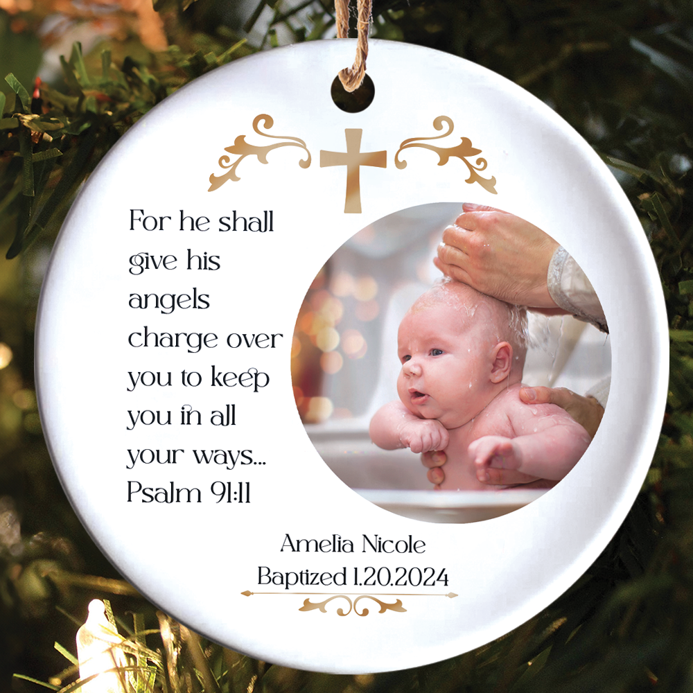 Teesdily | Customized Baptism Ceramic Ornament, For He Shall Give His Angels Charge Over You Christmas Ornament, Keepsake Gift