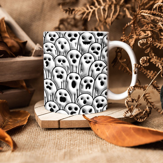 Teesdily | Halloween Ghost Inflated Halloween Mug, Halloween Spooky Cartoon Ceramic Mug, Puffy Ghost Mug Inflated Effect Print, Halloween Gifts