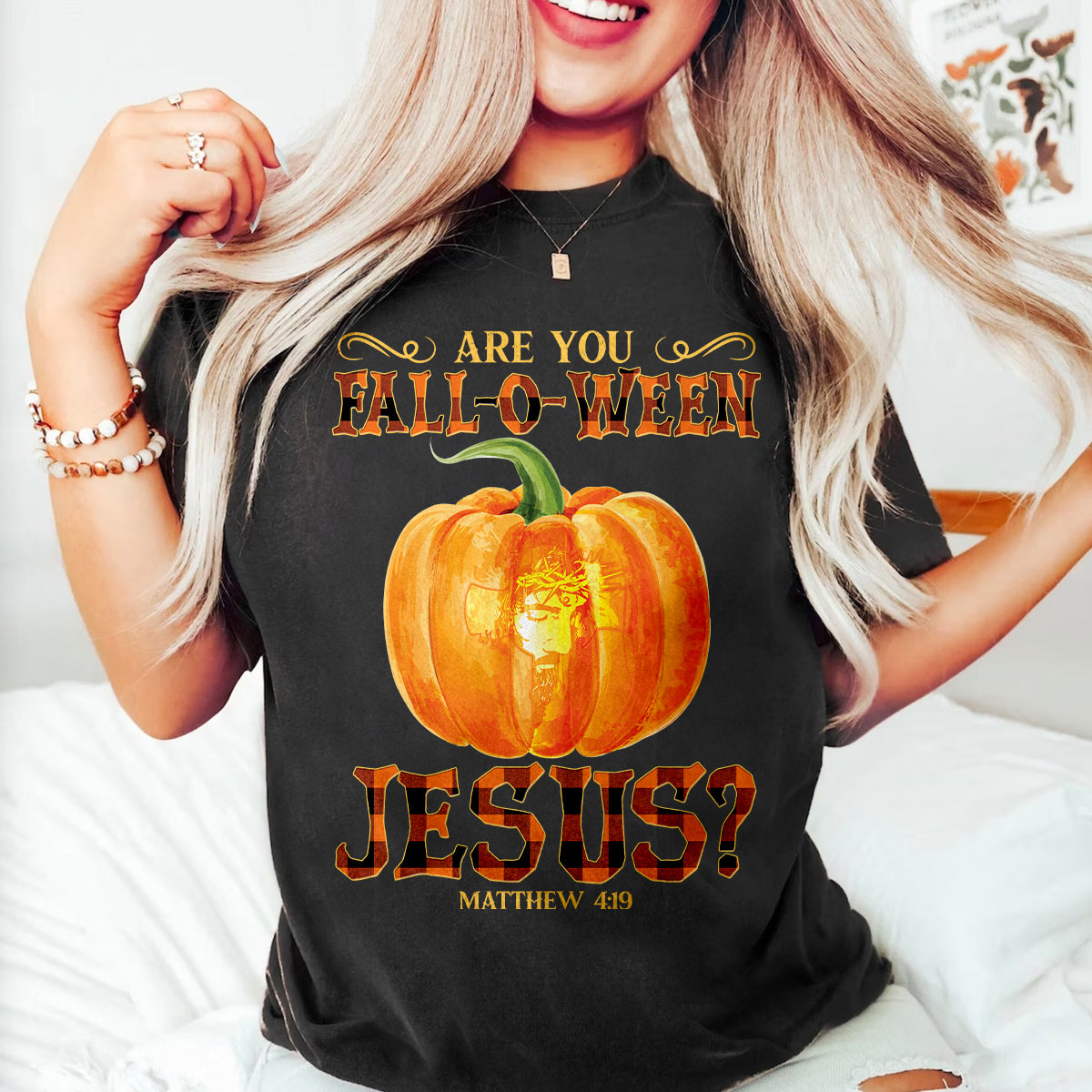 Teesdily | Jesus Art Pumpkin Shirt, Are You Fall-o-ween Jesus Matthew 4 11 Tee Sweatshirt Hoodie Mug, Halloween Gifts, Jesus Lovers Tee