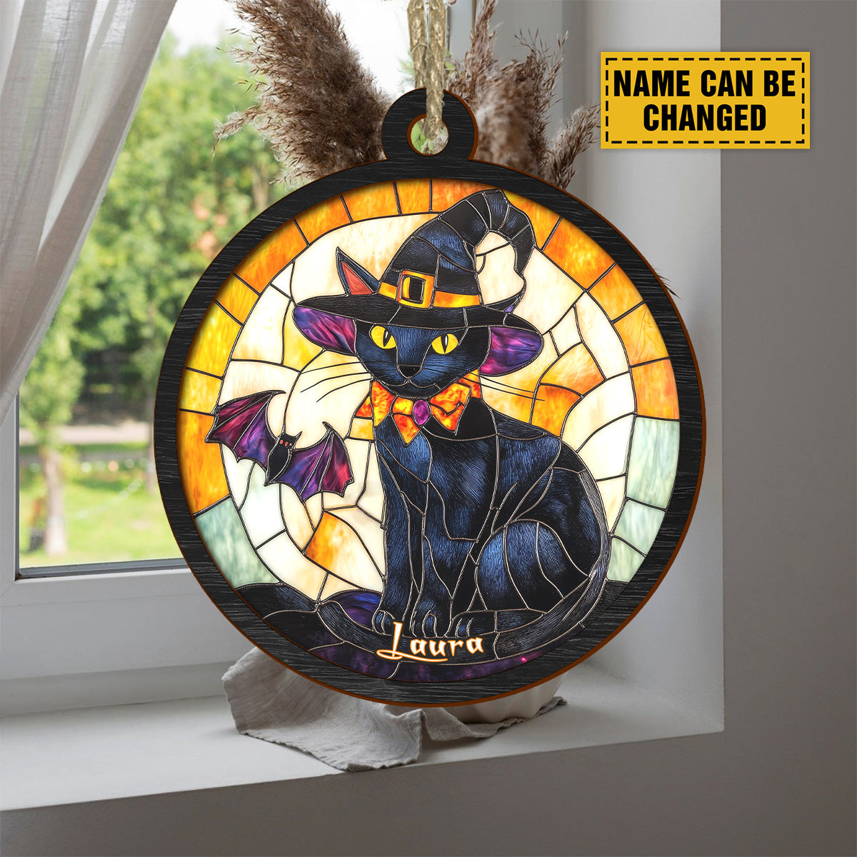 Teesdily | Customized Black Cat Halloween Suncatcher Ornament, Black Cat Witch Halloween Car Hanging Ornament, Halloween Spooky Season Gifts